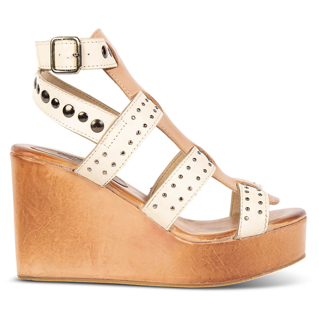 FREEBIRD women's Winter beige multi wedge heel platform sandal featuring an adjustable ankle strap and stud detailing
