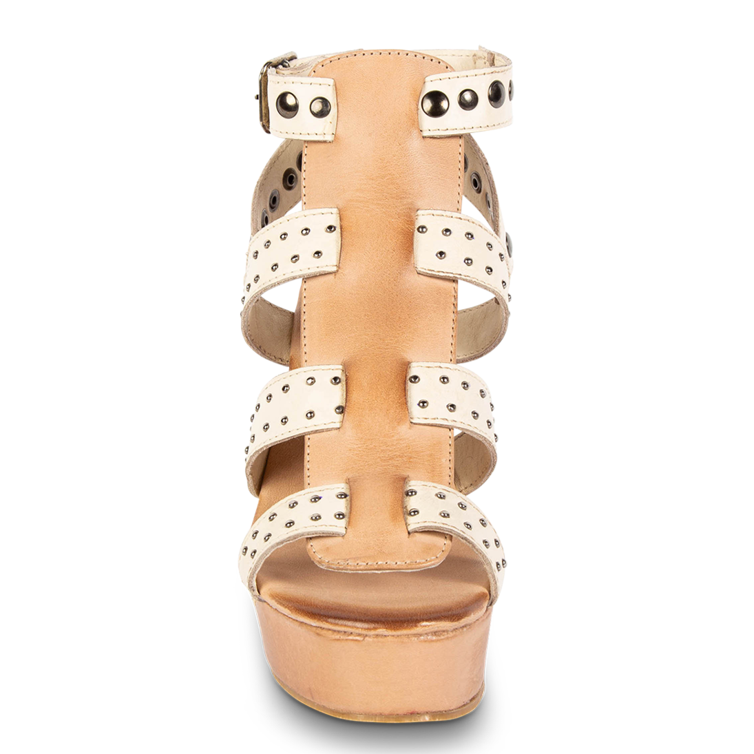 Front view showing leather overlay on FREEBIRD women's Winter beige multi wedge heel platform sandal featuring an adjustable ankle strap and stud detailing