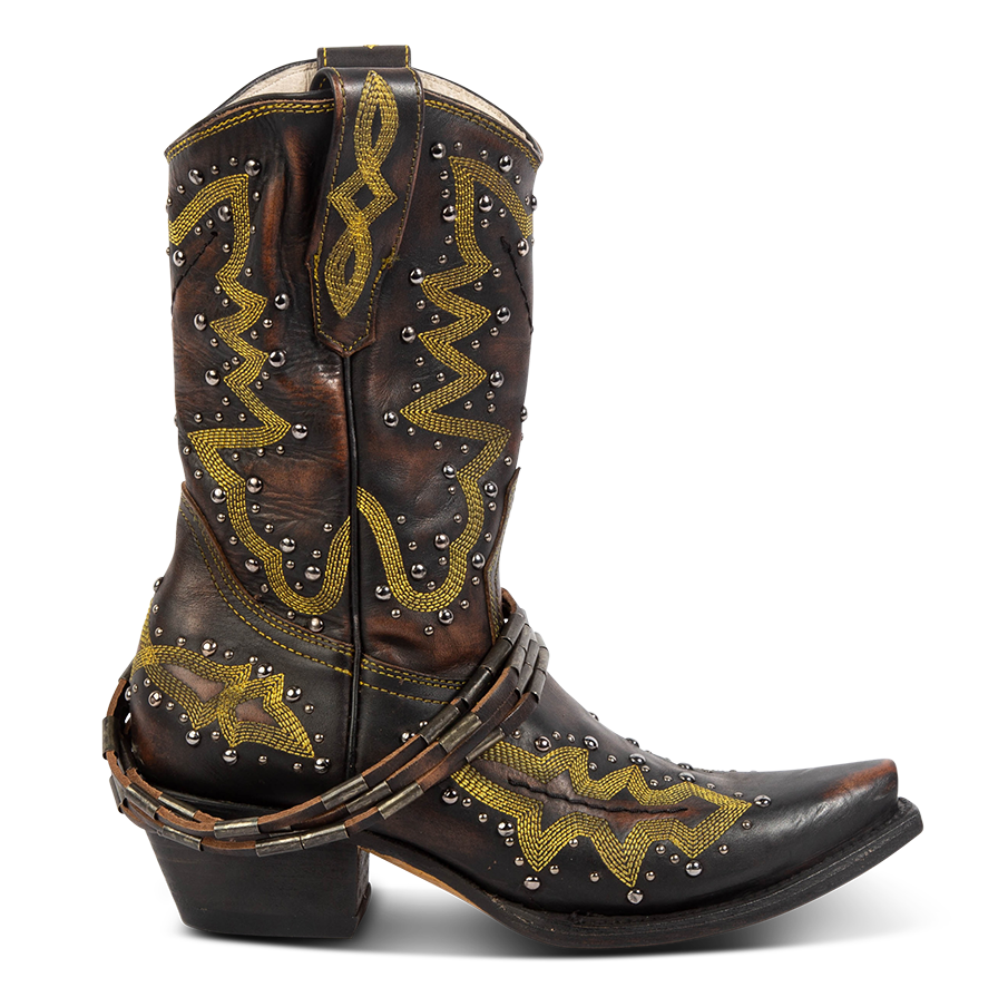 FREEBIRD women's Wisteria black boot with western stitching, silver stud detailing, and decorative ankle belting