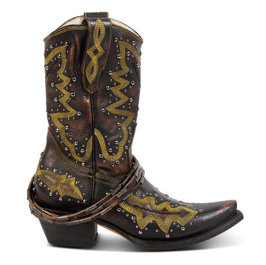 FREEBIRD women's Wisteria black boot with western stitching, silver stud detailing, and decorative ankle belting