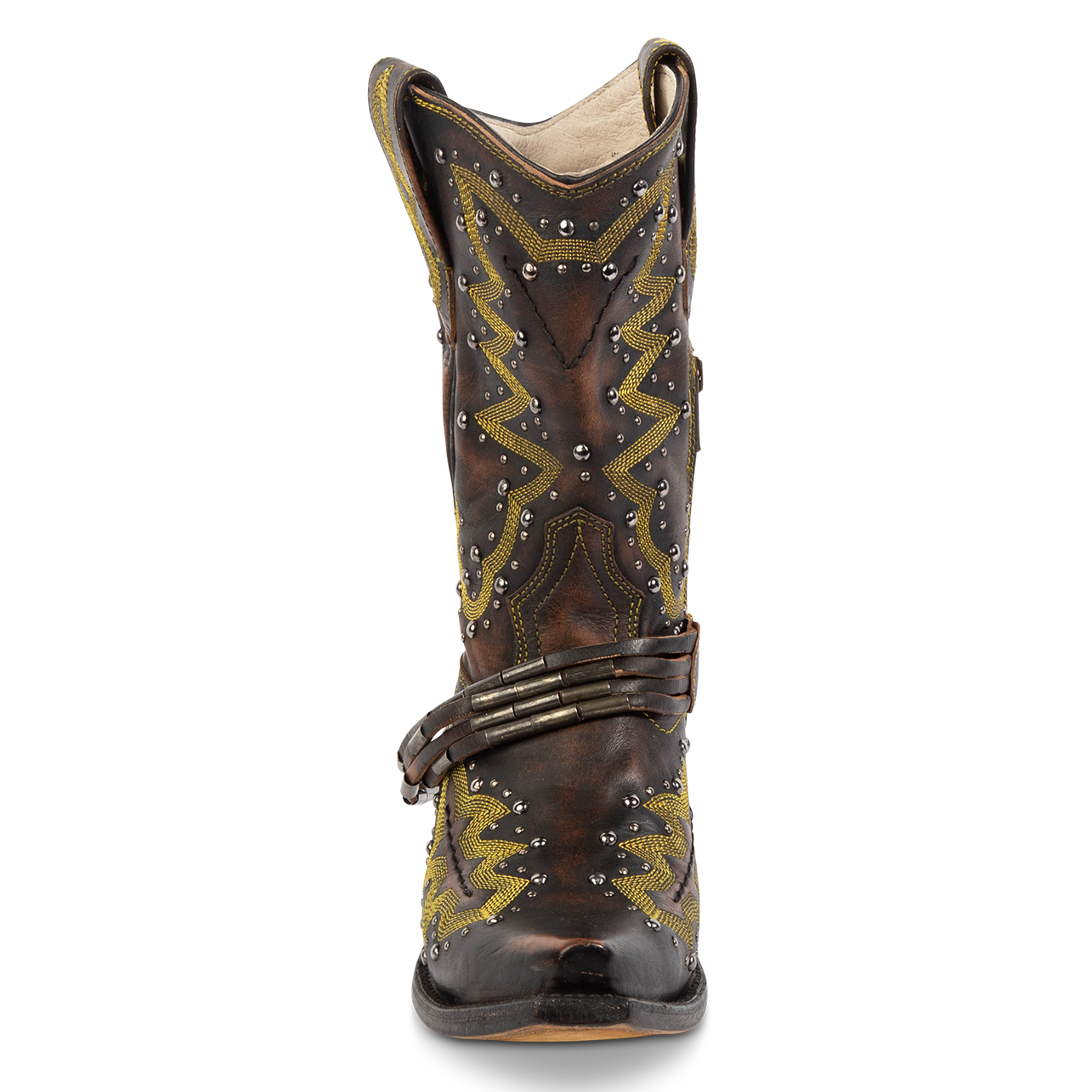 Front view showing silver stud detailing, contrasting western shaft stitching, and a decorative ankle belt on FREEBIRD women's Wisteria black boot