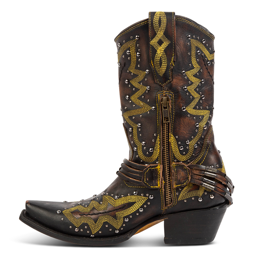 Side view showing leather pull tabs and a working brass half zip closure on FREEBIRD women's Wisteria black boot