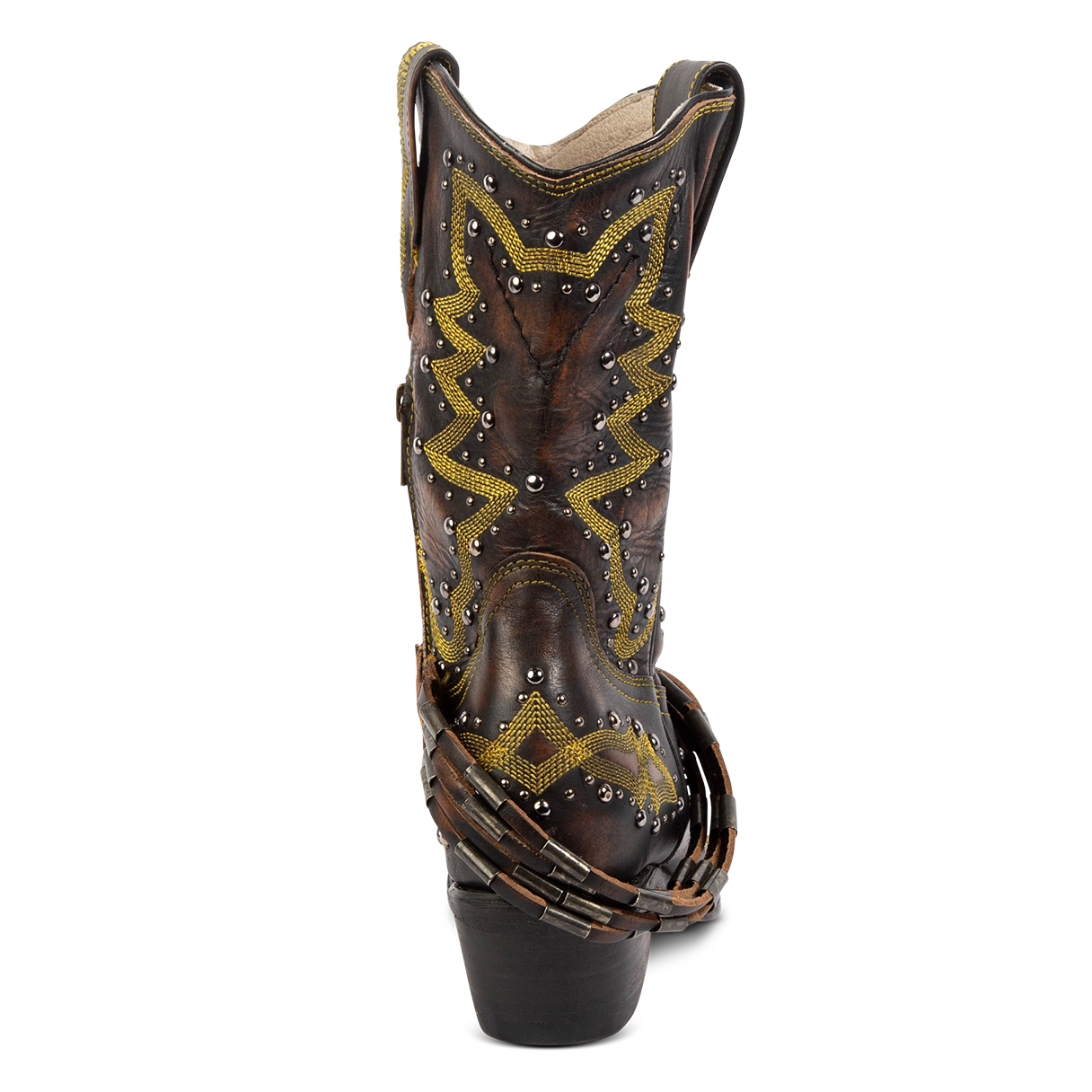 Back view showing low heel and silver stud detailing on FREEBIRD women's Wisteria black boot