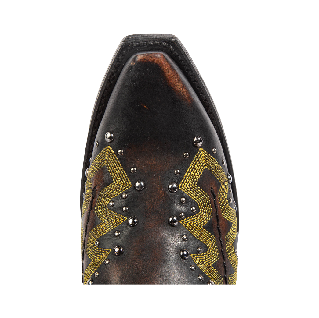 Top view showing snip toe construction with silver studs and western stitching on FREEBIRD women's Wisteria black boot