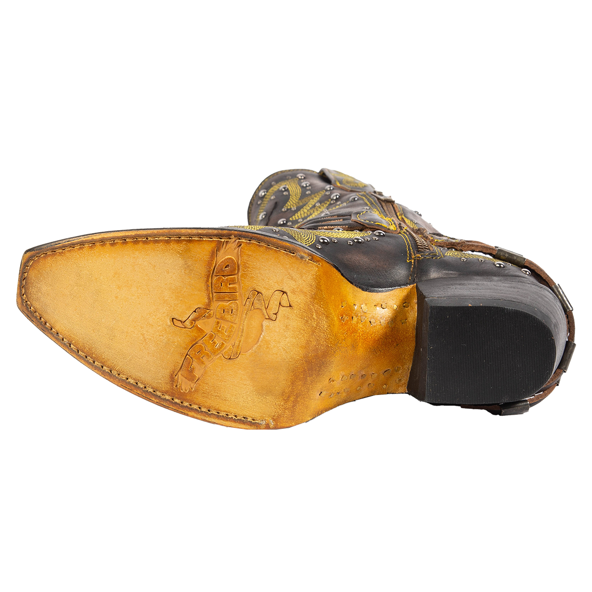 Leather sole imprinted with FREEBIRD on women's Wisteria black boot