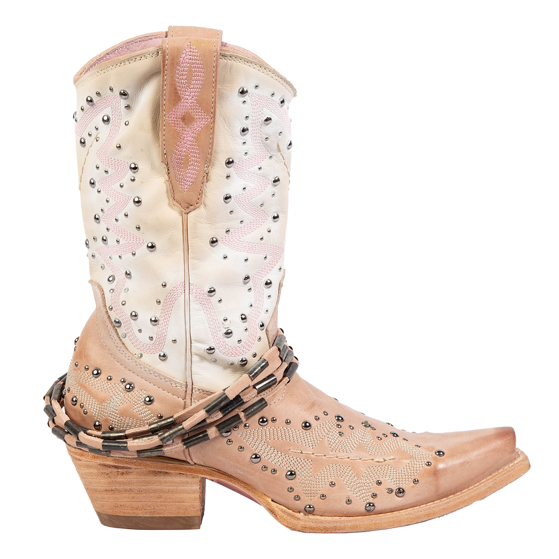 FREEBIRD women's Wisteria blush boot with western stitching, silver stud detailing, and decorative ankle belting