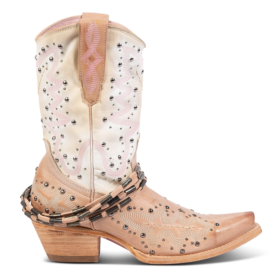 FREEBIRD women's Wisteria blush boot with western stitching, silver stud detailing, and decorative ankle belting