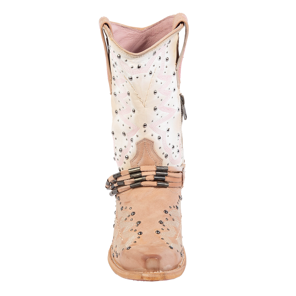 Front view showing silver stud detailing, contrasting western shaft stitching, and a decorative ankle belt on FREEBIRD women's Wisteria blush boot