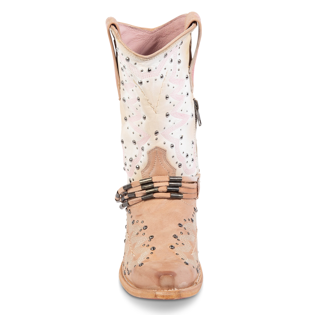Front view showing silver stud detailing, contrasting western shaft stitching, and a decorative ankle belt on FREEBIRD women's Wisteria blush boot
