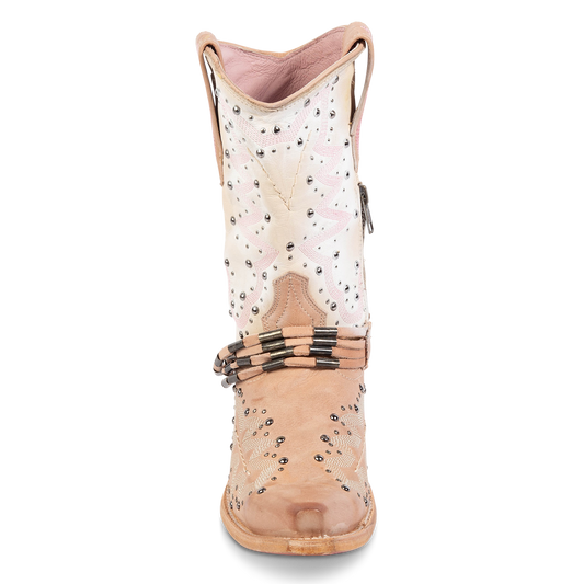 Front view showing silver stud detailing, contrasting western shaft stitching, and a decorative ankle belt on FREEBIRD women's Wisteria blush boot