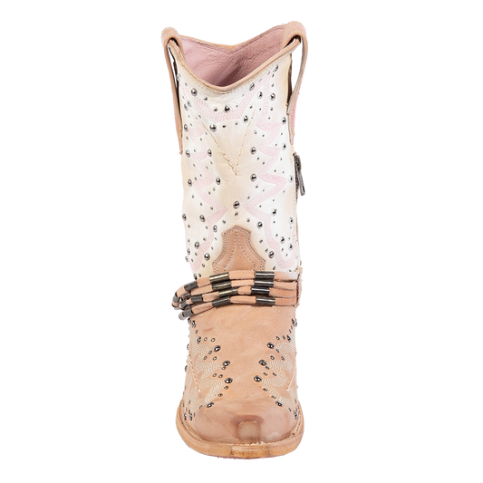 Front view showing silver stud detailing, contrasting western shaft stitching, and a decorative ankle belt on FREEBIRD women's Wisteria blush boot