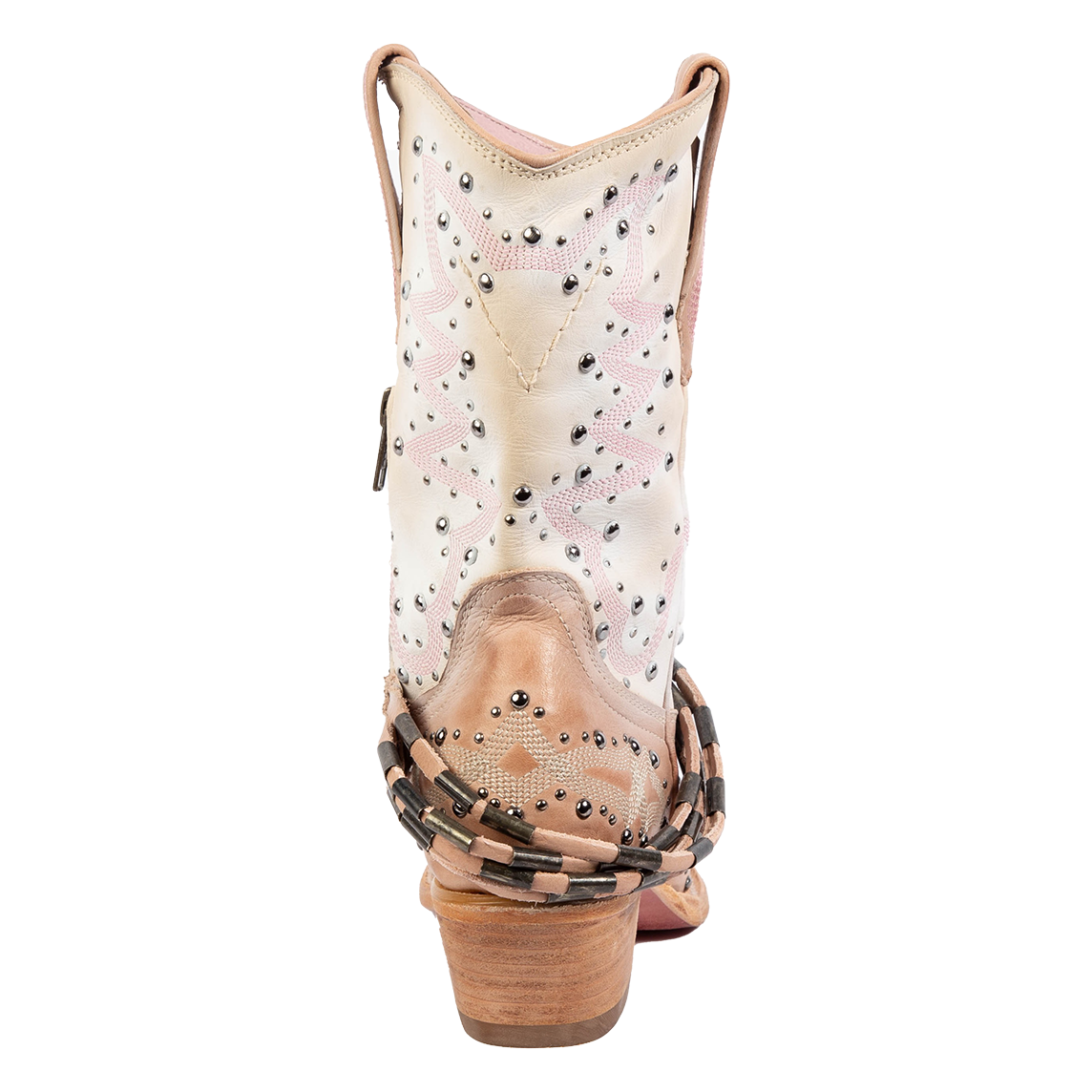 Back view showing low heel and silver stud detailing on FREEBIRD women's Wisteria blush boot