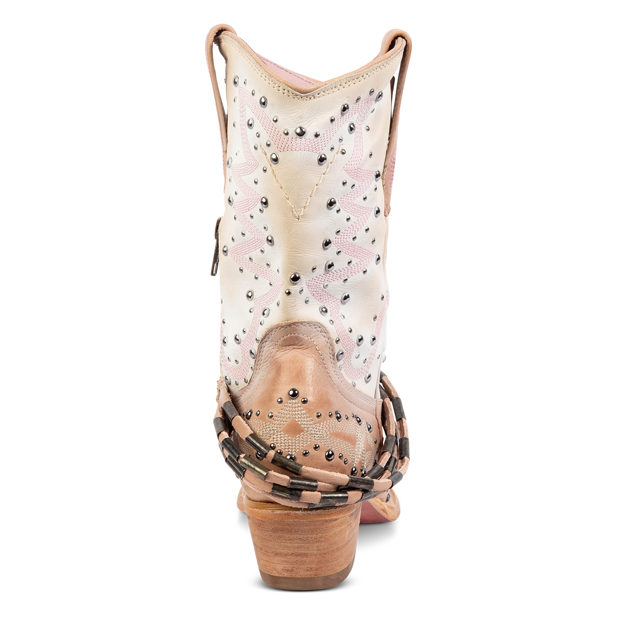 Back view showing low heel and silver stud detailing on FREEBIRD women's Wisteria blush boot