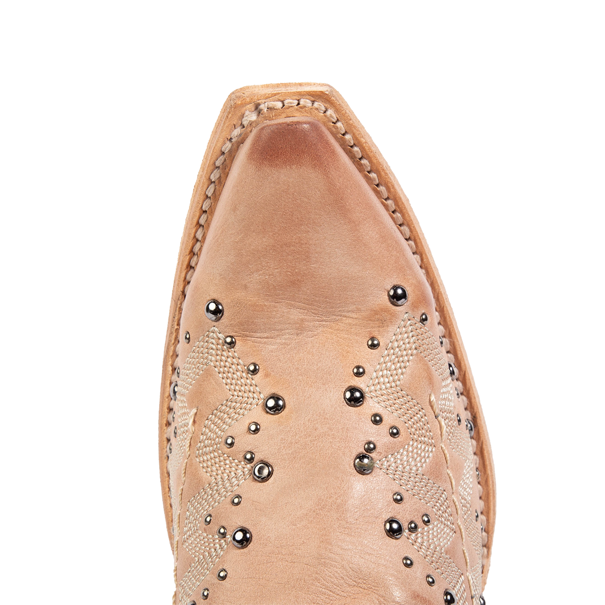 Top view showing snip toe construction with silver studs and western stitching on FREEBIRD women's Wisteria blush boot