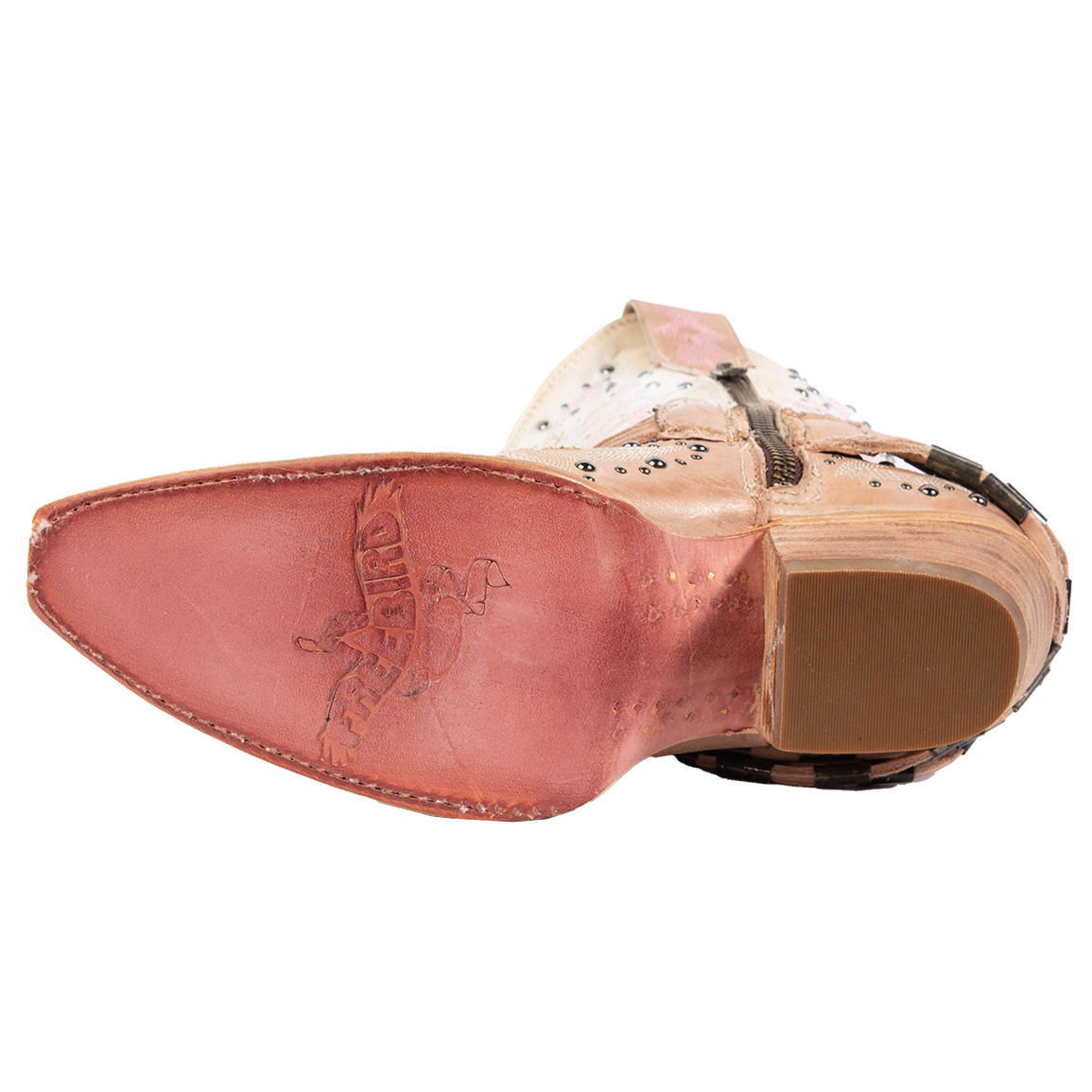 Leather sole imprinted with FREEBIRD on women's Wisteria blush boot