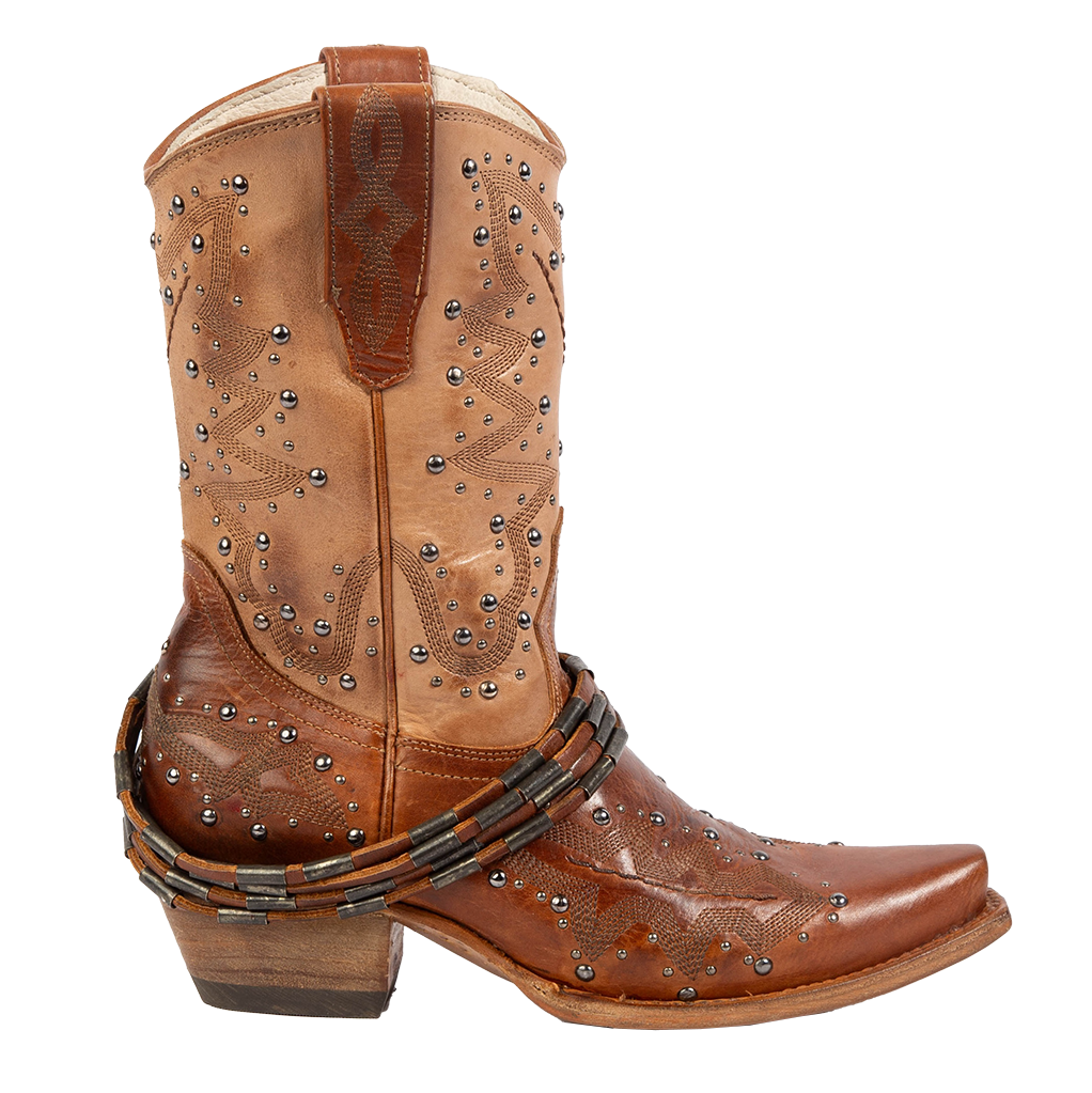 FREEBIRD women's Wisteria tan boot with western stitching, silver stud detailing, and decorative ankle belting