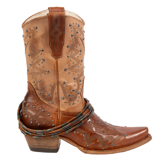 FREEBIRD women's Wisteria tan boot with western stitching, silver stud detailing, and decorative ankle belting