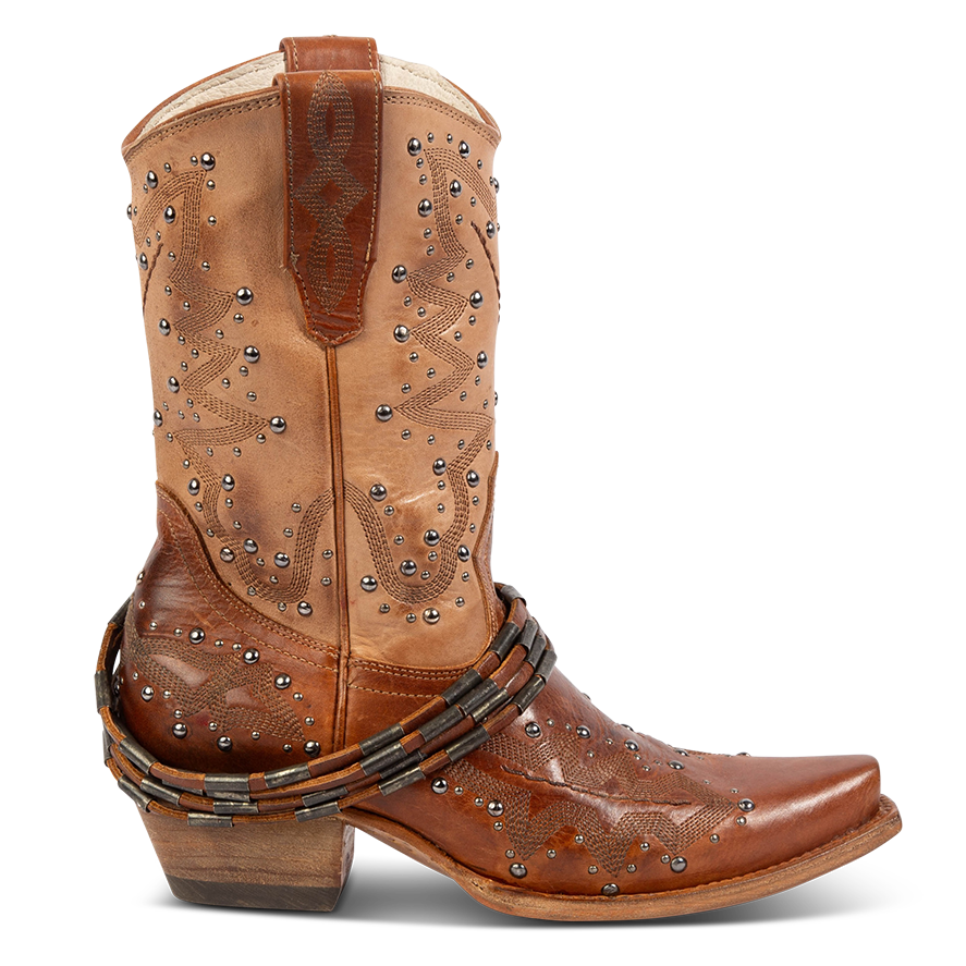 FREEBIRD women's Wisteria tan boot with western stitching, silver stud detailing, and decorative ankle belting