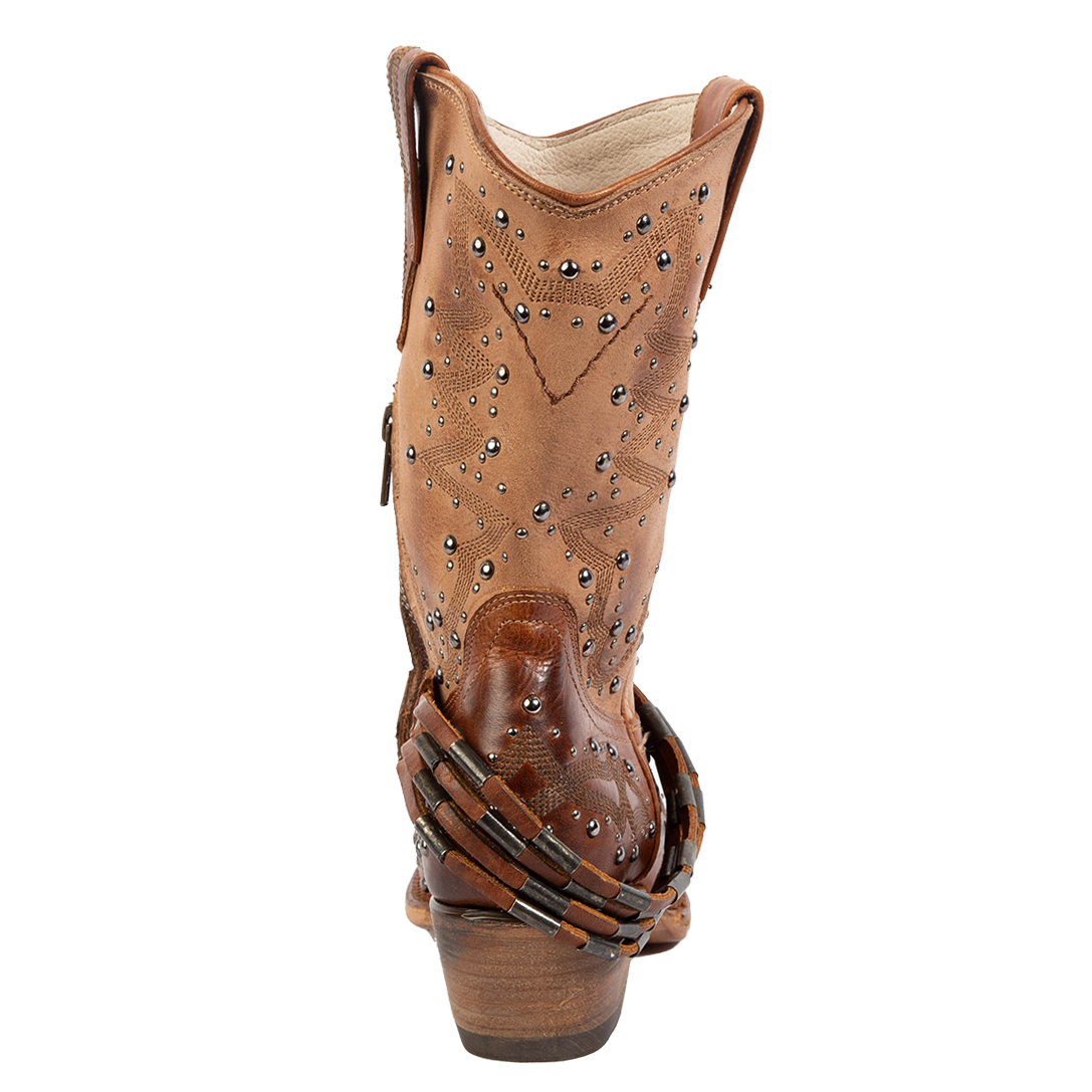 Back view showing low heel and silver stud detailing on FREEBIRD women's Wisteria tan boot