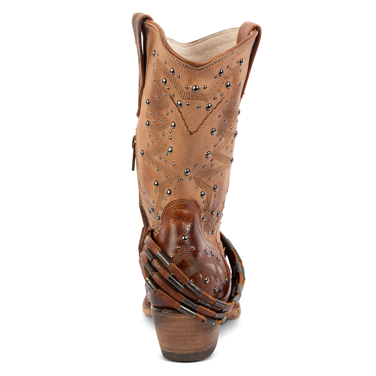 Back view showing low heel and silver stud detailing on FREEBIRD women's Wisteria tan boot