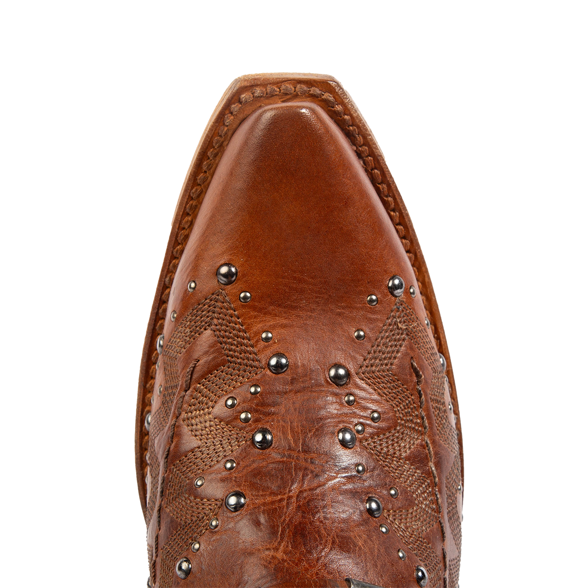 Top view showing snip toe construction with silver studs and western stitching on FREEBIRD women's Wisteria tan boot