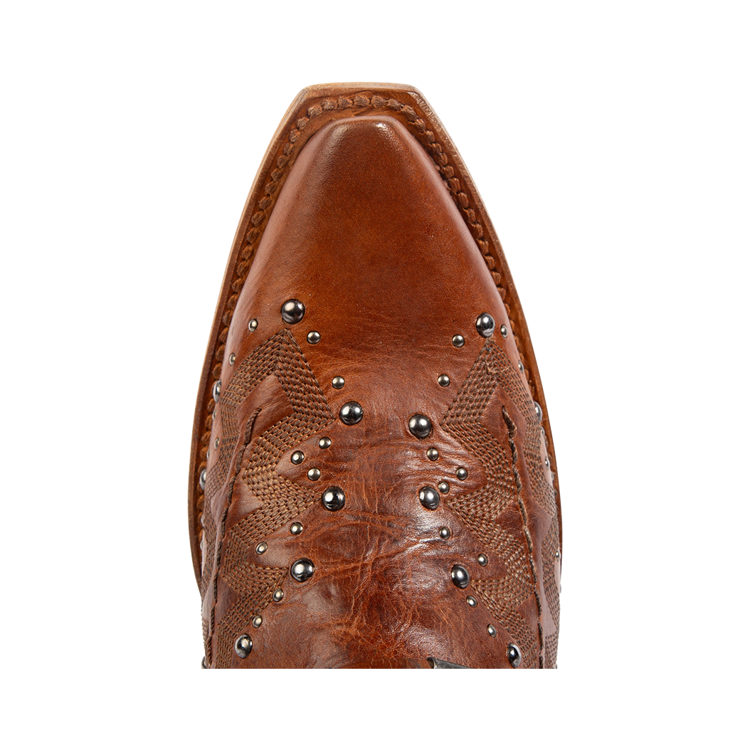 Top view showing snip toe construction with silver studs and western stitching on FREEBIRD women's Wisteria tan boot