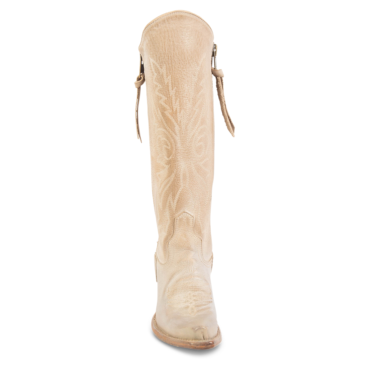 Front view showing tall shaft and stitch detailing on FREEBIRD women's Wolfgang beige tall western boot