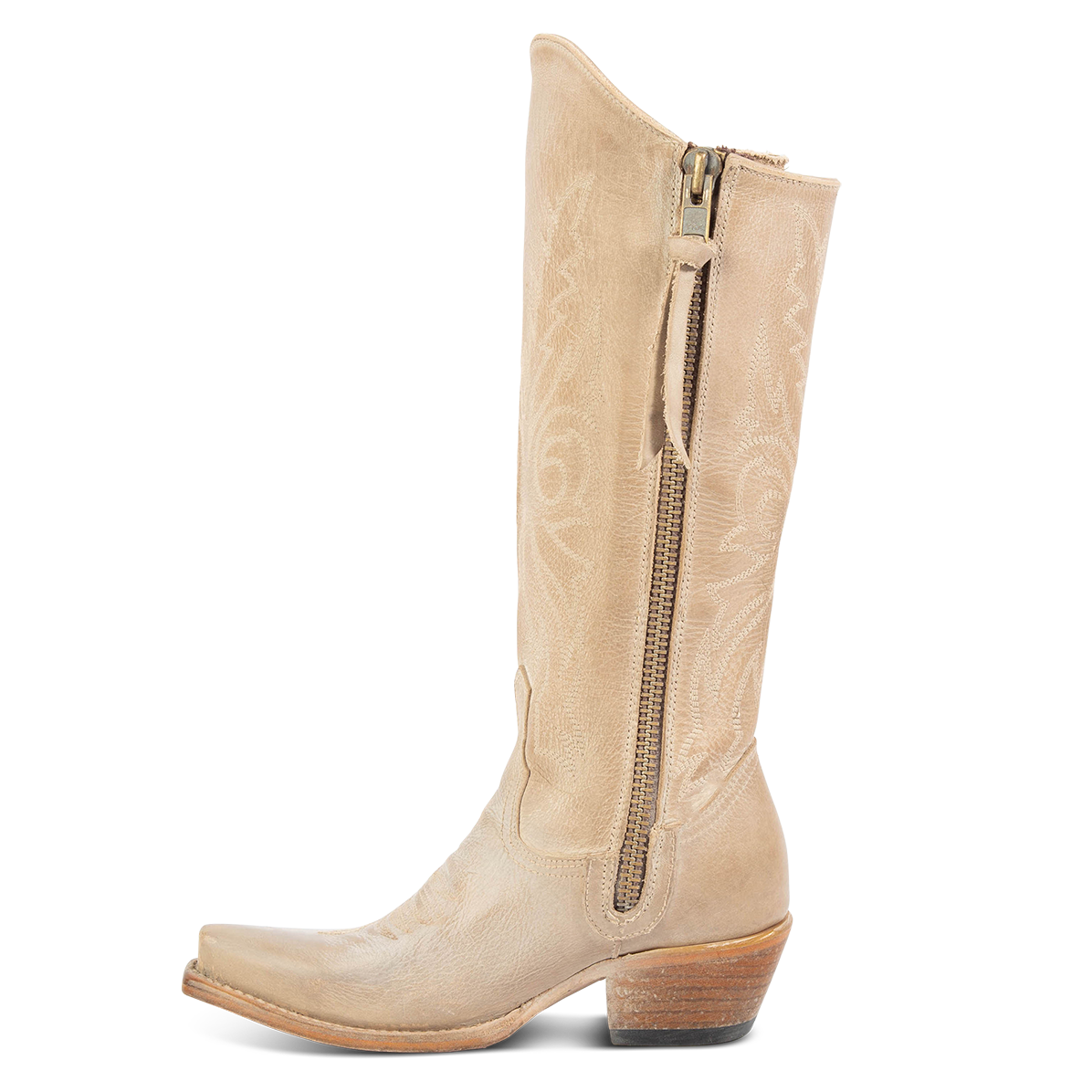 Inside view showing inside zip closure on FREEBIRD women's Wolfgang beige tall western boot