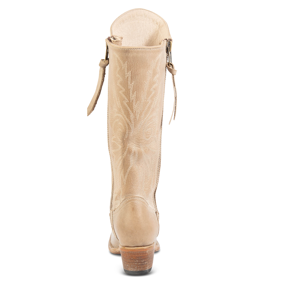 Back view showing low heel on FREEBIRD women's Wolfgang beige tall western boot