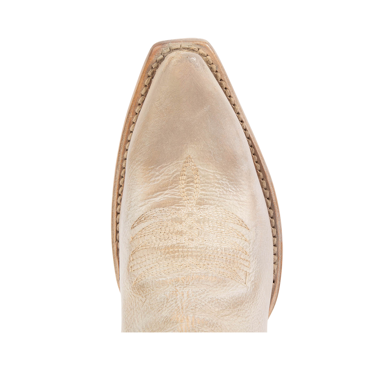 Top view showing snip toe with traditional stitching on FREEBIRD women's Wolfgang beige tall western boot