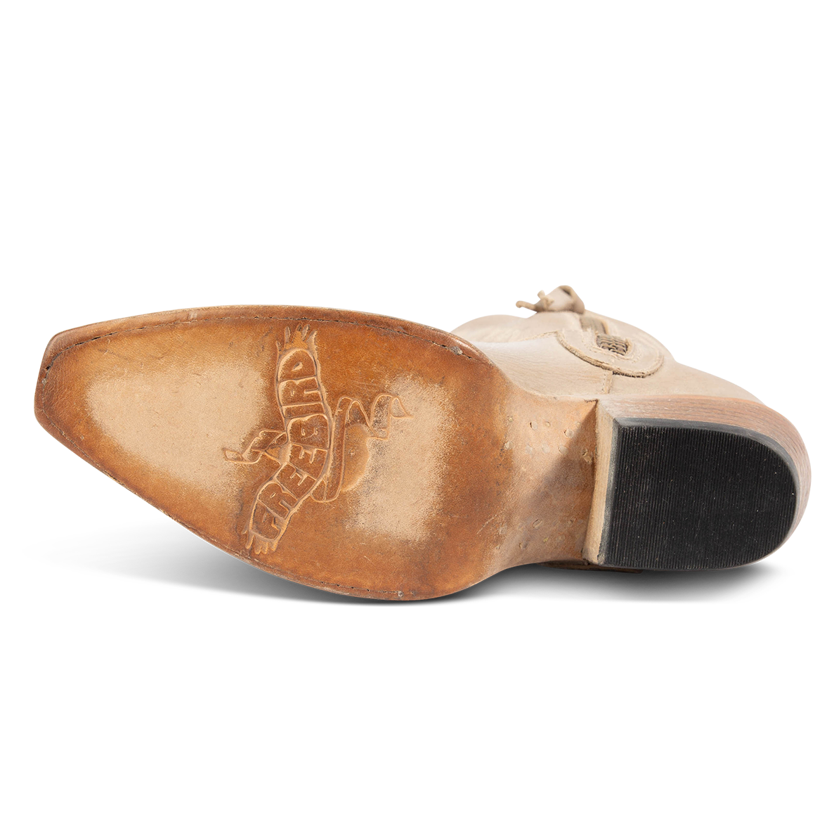 Leather sole imprinted with FREEBIRD and rock tumbled distressing on Wolfgang beige tall western boot