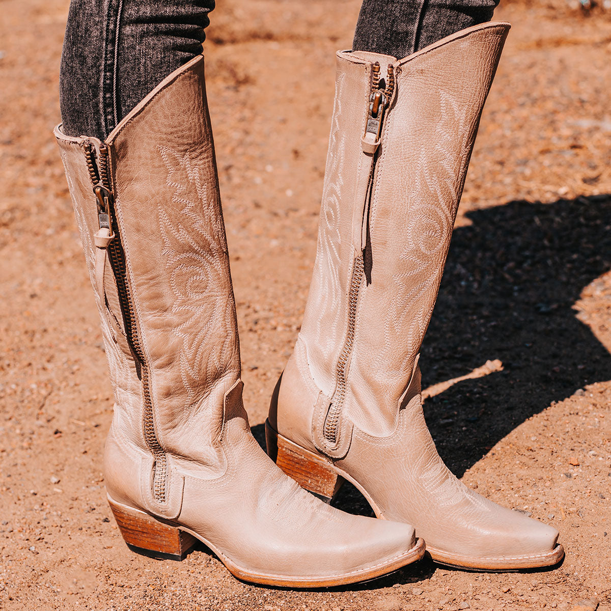 FREEBIRD women's Wolfgang beige tall western boot snip toe and outer zip closures