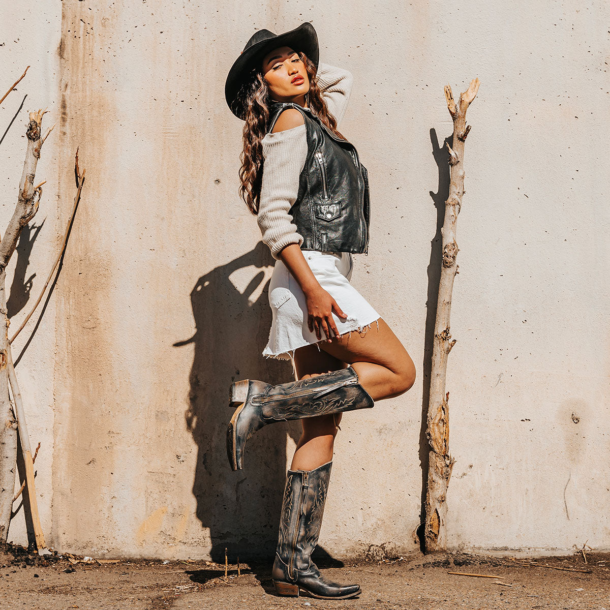 FREEBIRD women's Wolfgang black tall western boot snip toe and outer zip closures lifestyle