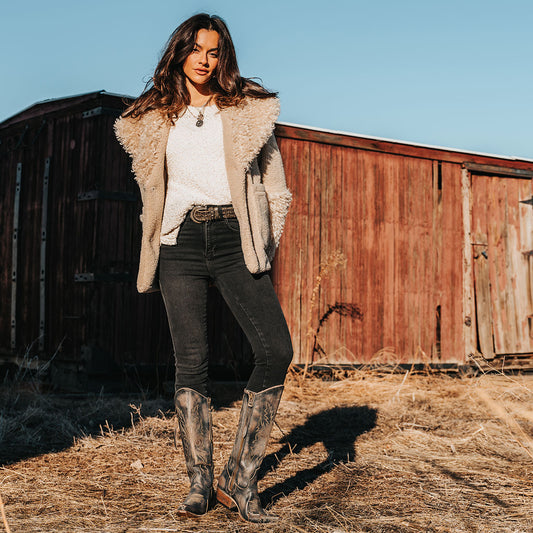 FREEBIRD women's Wolfgang black tall western boot snip toe and outer zip closures lifestyle