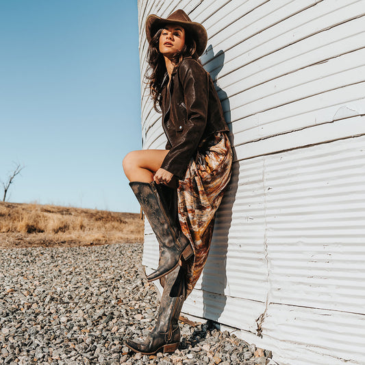FREEBIRD women's Wolfgang black tall western boot snip toe and outer zip closures lifestyle image