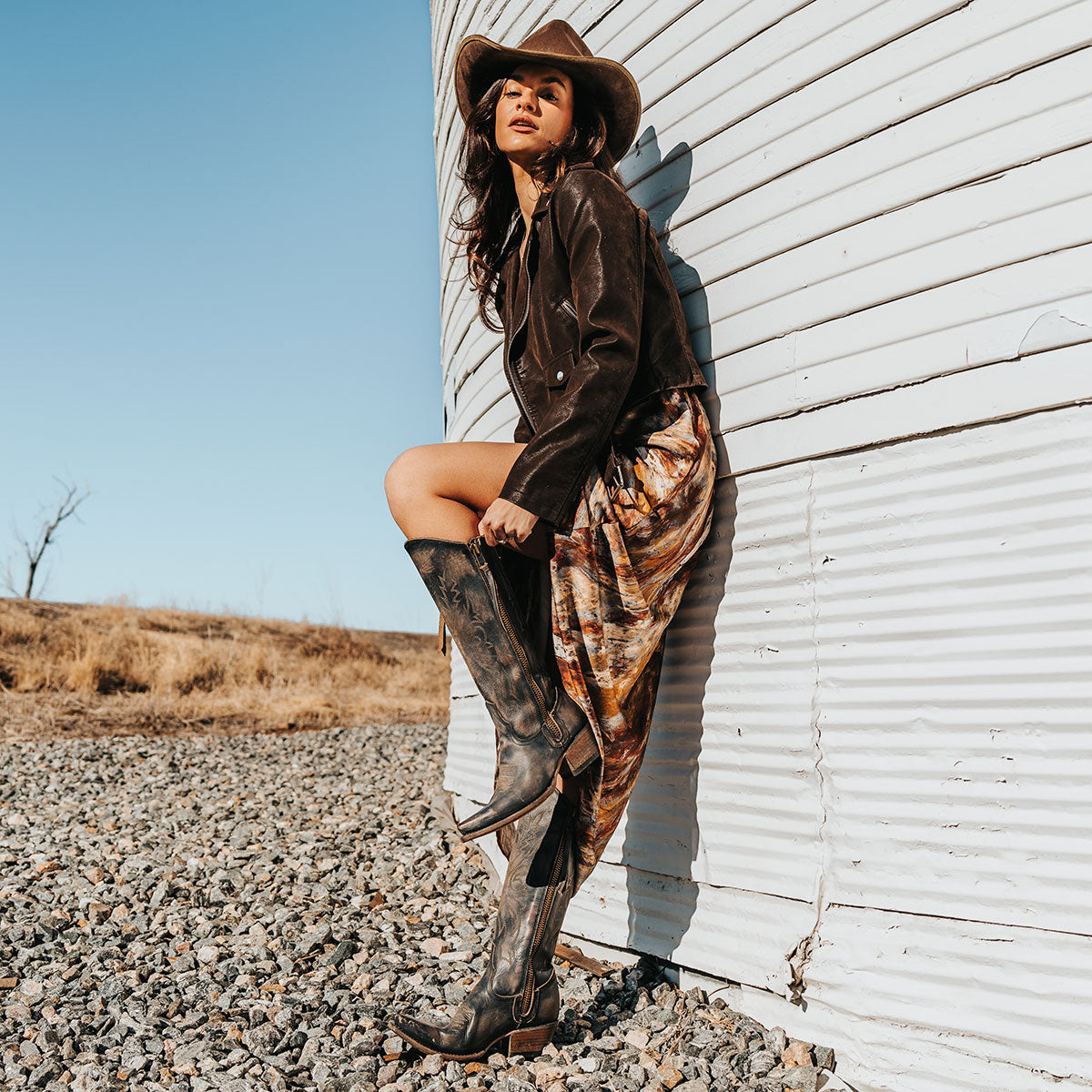 FREEBIRD women's Wolfgang black tall western boot snip toe and outer zip closures lifestyle image