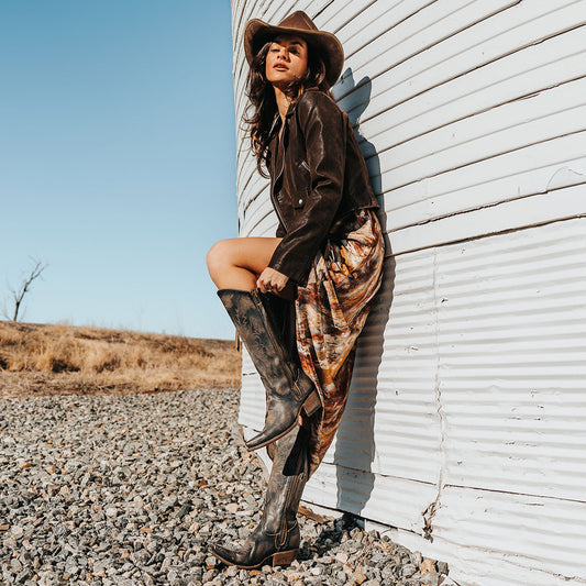 FREEBIRD women's Wolfgang black tall western boot snip toe and outer zip closures lifestyle image