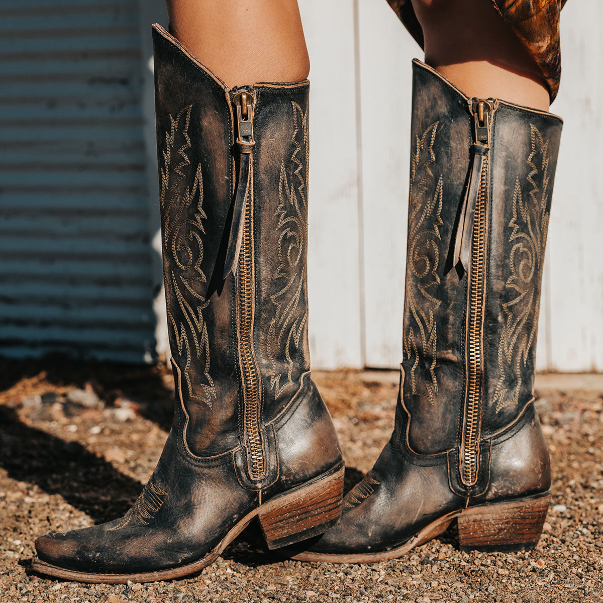 FREEBIRD women's Wolfgang black tall western boot snip toe and outer zip closures