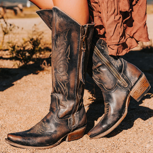 FREEBIRD women's Wolfgang black tall western boot snip toe and outer zip closures