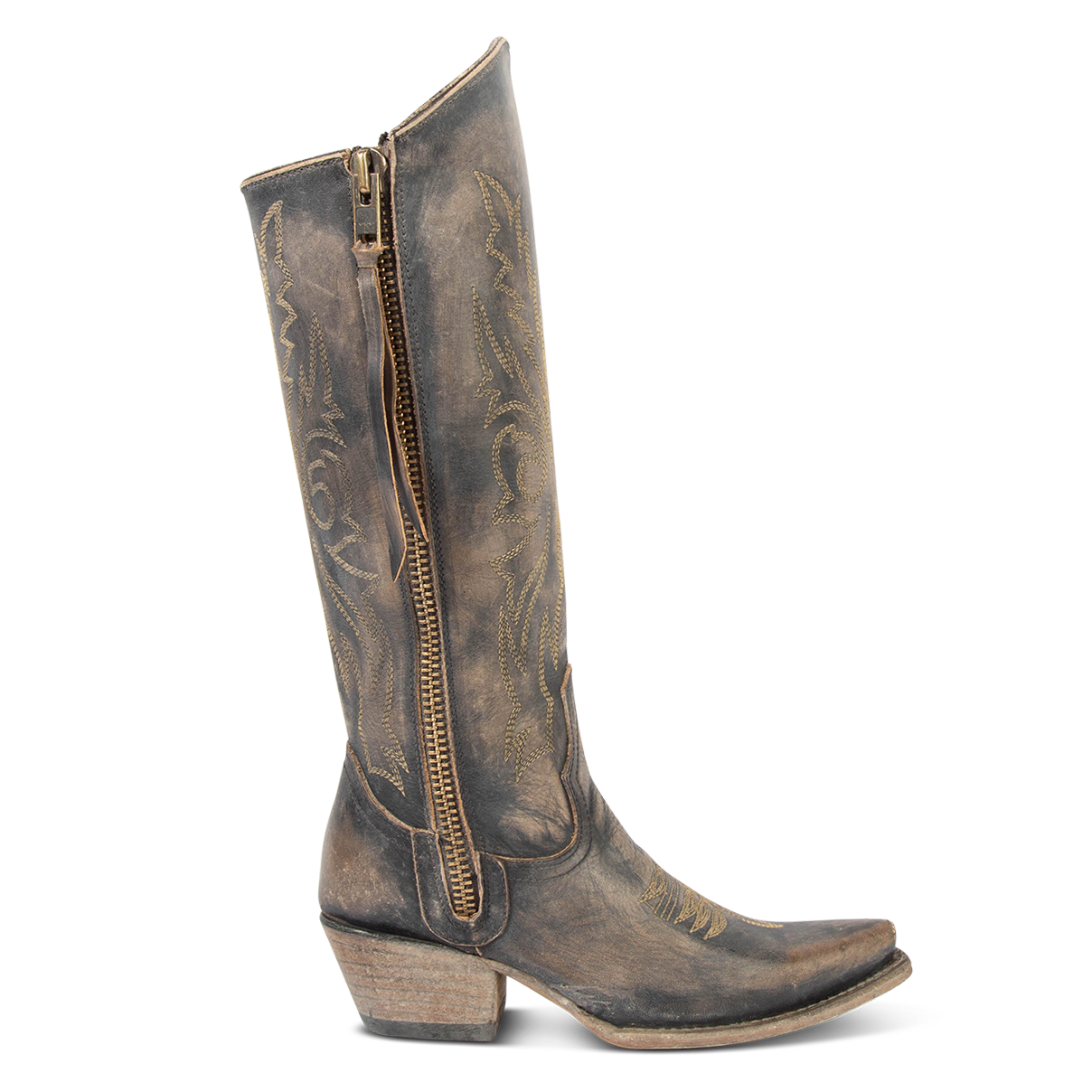 FREEBIRD women's Wolfgang black tall western boot snip toe and outer zip closures