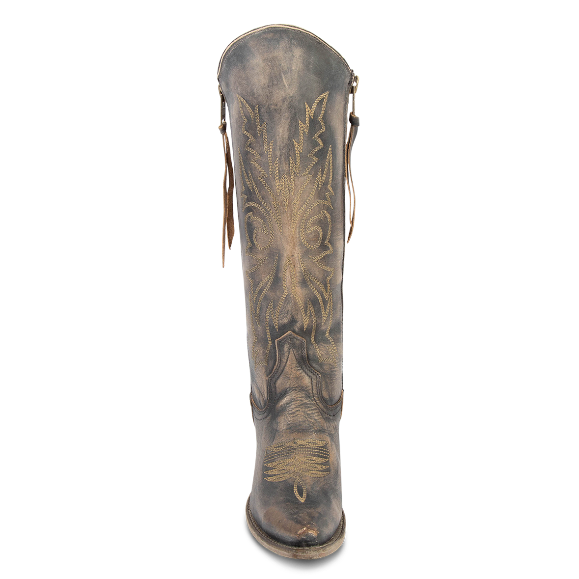 Front view showing tall shaft and stitch detailing on FREEBIRD women's Wolfgang black tall western boot