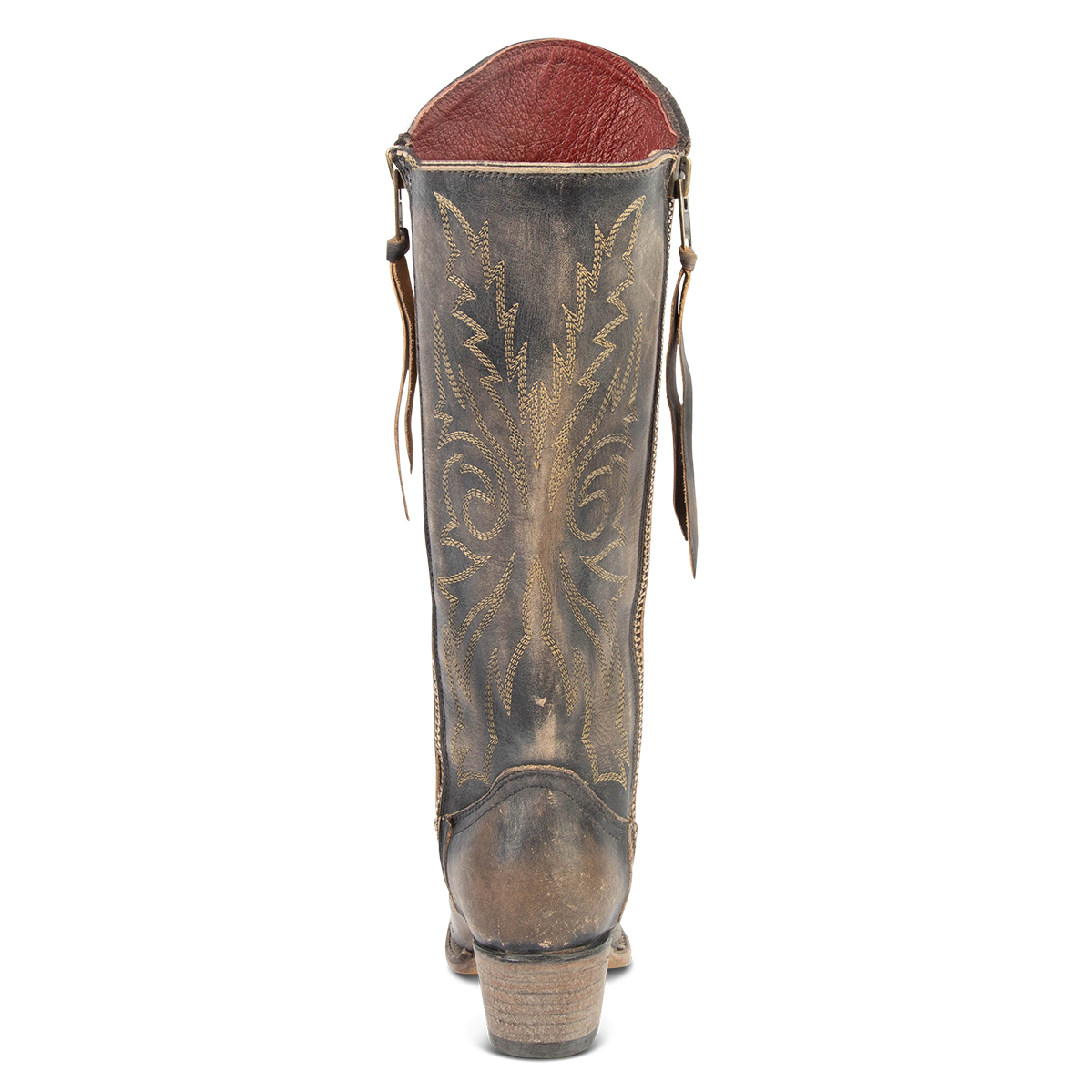 Back view showing low heel on FREEBIRD women's Wolfgang black tall western boot