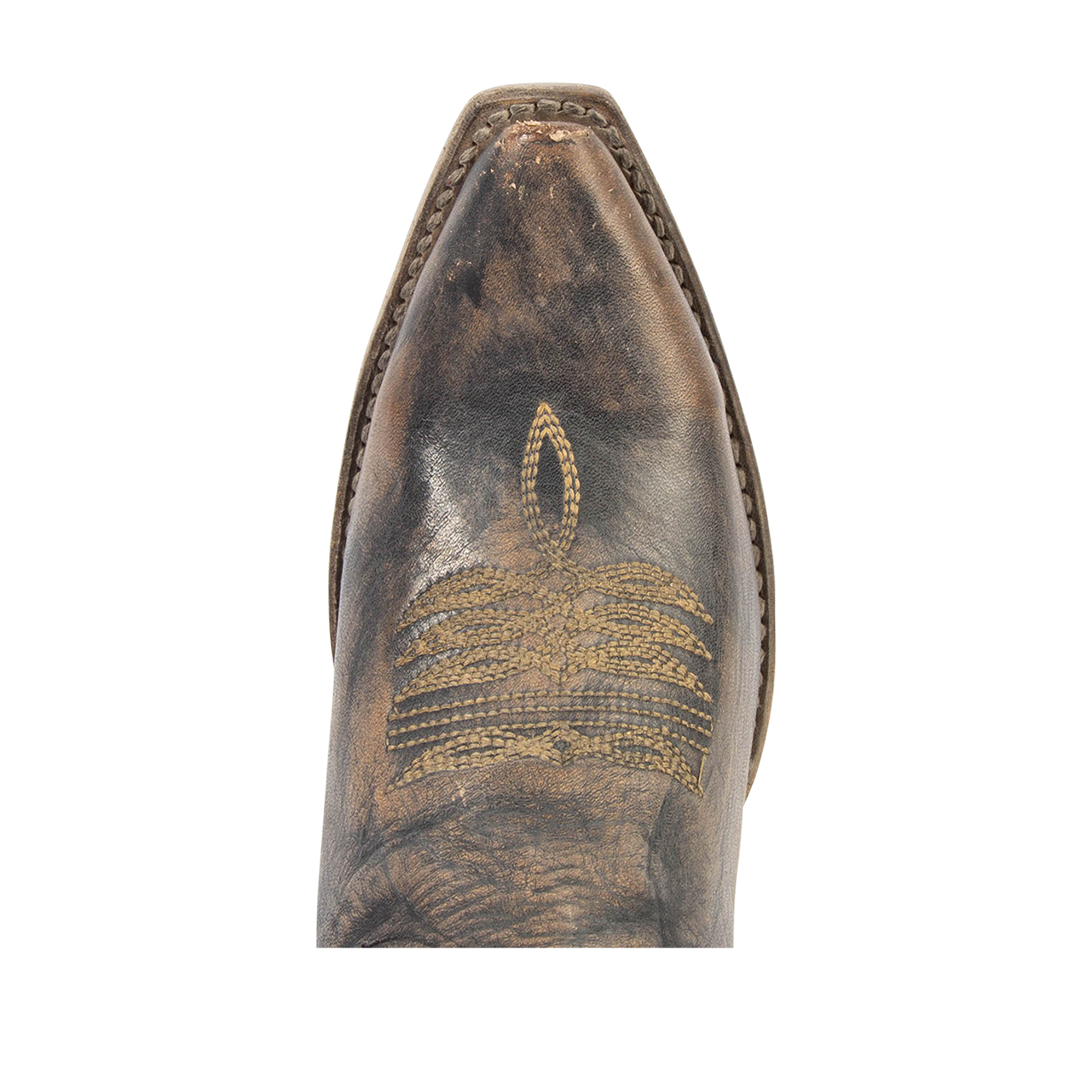 Top view showing snip toe with traditional stitching on FREEBIRD women's Wolfgang black tall western boot