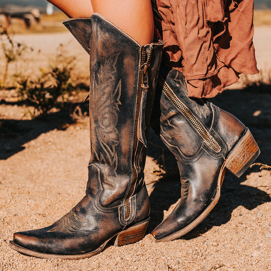 FREEBIRD women's Wolfgang black tall western boot snip toe and outer zip closures