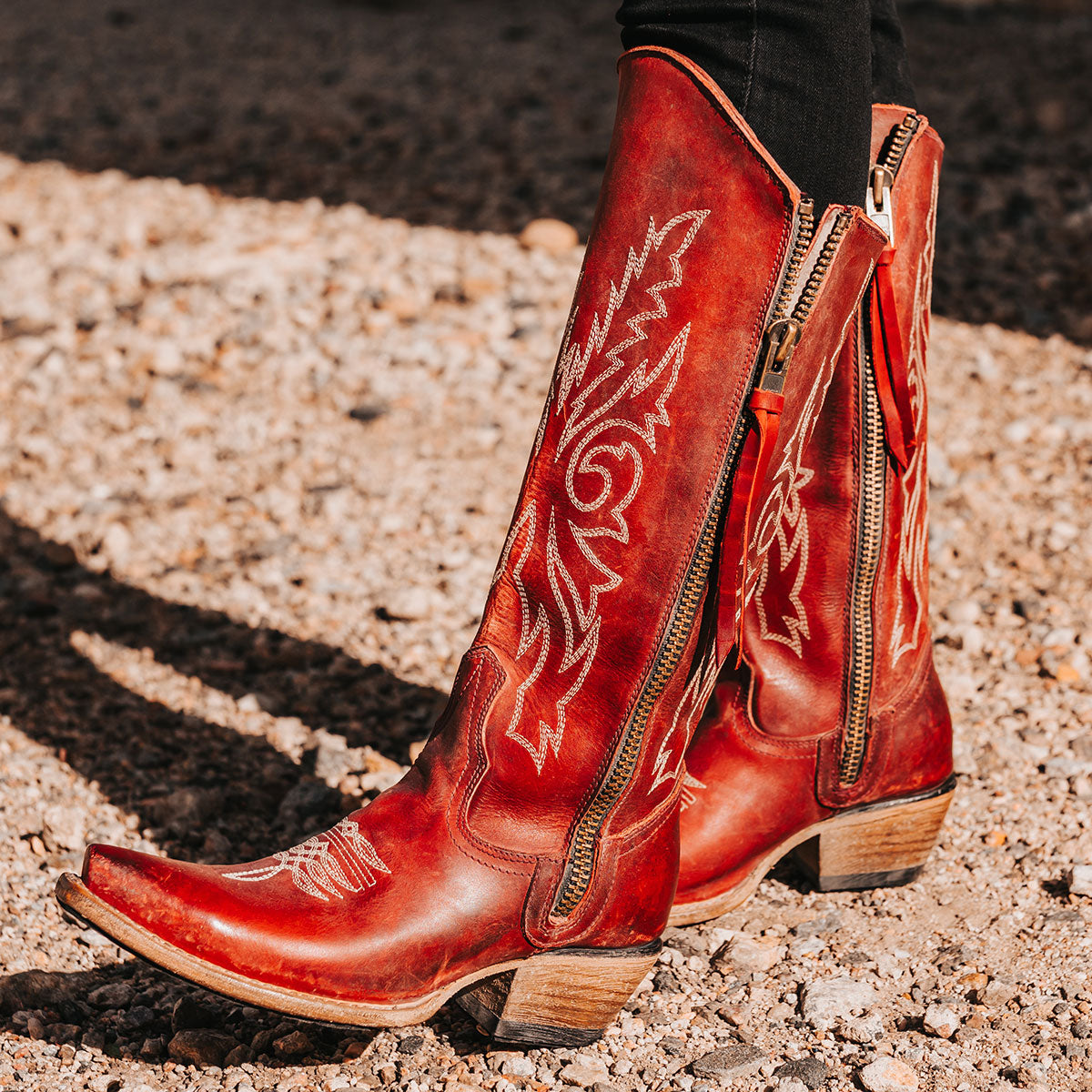 FREEBIRD women's Wolfgang red tall western boot snip toe and outer zip closures