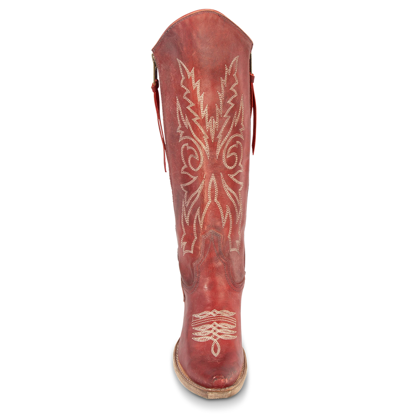 Front view showing tall shaft and stitch detailing on FREEBIRD women's Wolfgang red tall western boot