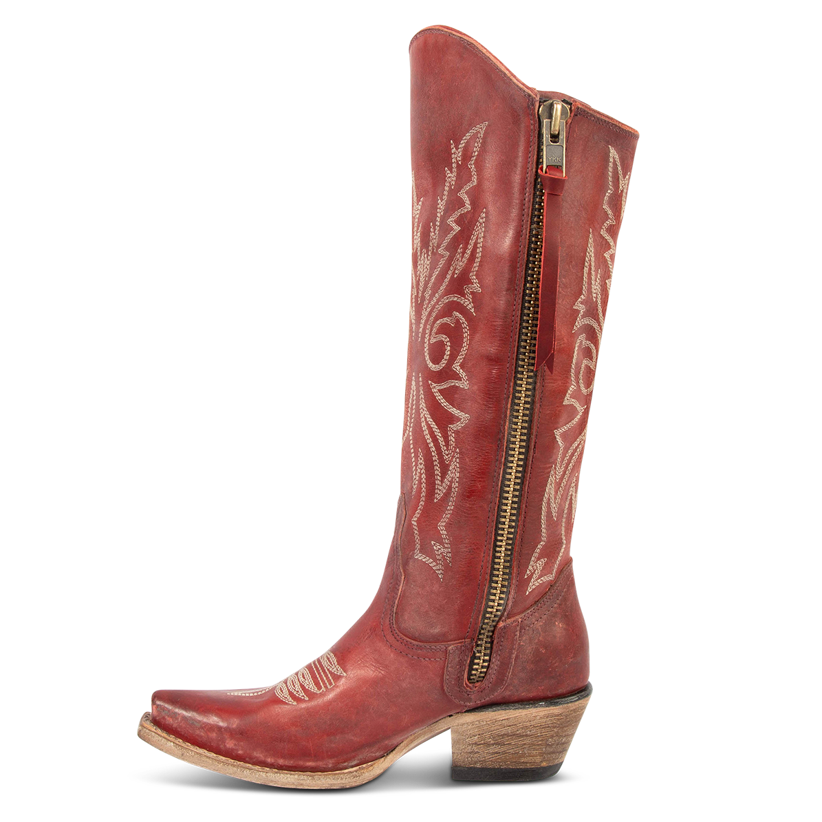 Inside view showing inside zip closure on FREEBIRD women's Wolfgang red tall western boot