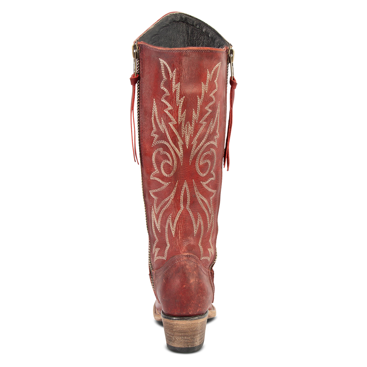 Back view showing low heel on FREEBIRD women's Wolfgang red tall western boot