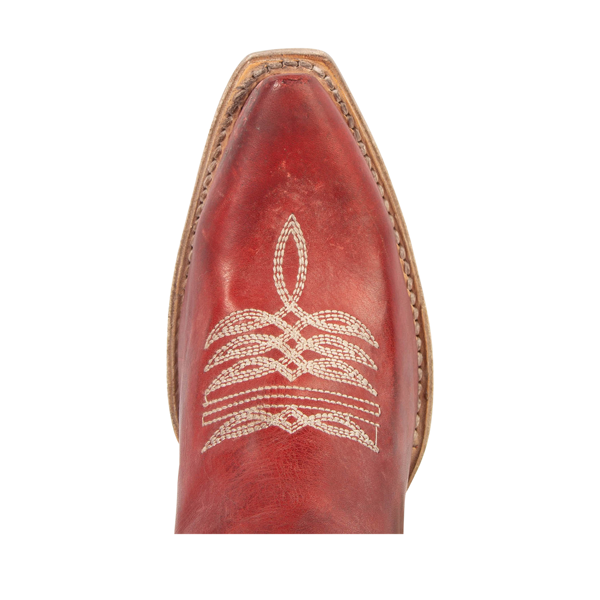 Top view showing snip toe with traditional stitching on FREEBIRD women's Wolfgang red tall western boot