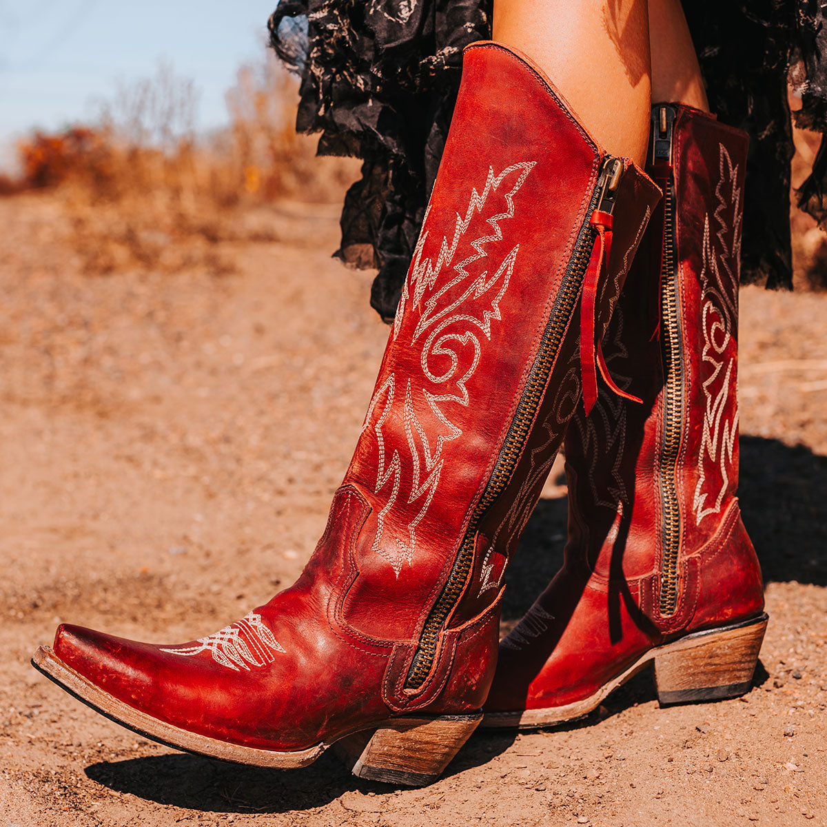 FREEBIRD women's Wolfgang red tall western boot snip toe and outer zip closures